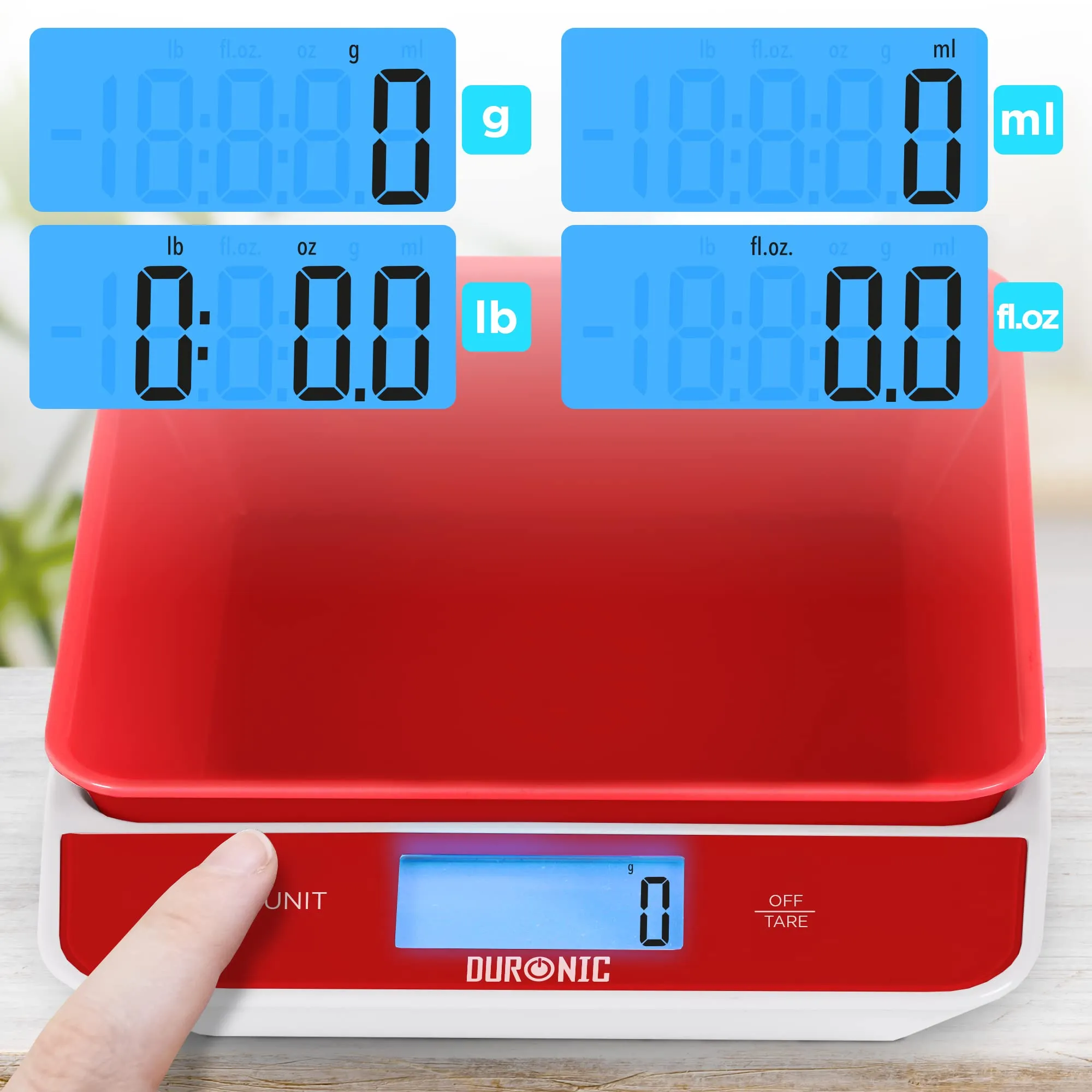 Duronic Digital Kitchen Scales KS100 RD Electronic Kitchen Scale with Bowl Measuring Weighing Scale Red Baking Scale for Cooking Baking Mail Pet Food Measurement Baker Weight Scale, Tare LCD Display