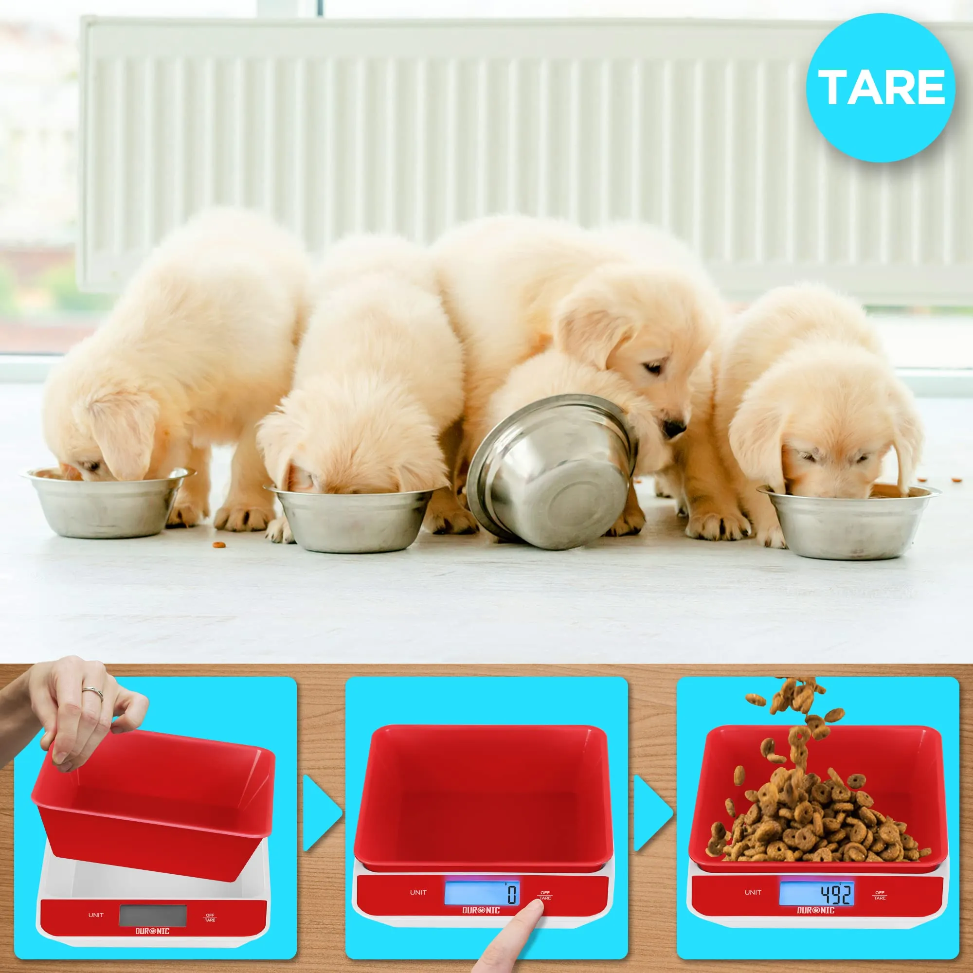 Duronic Digital Kitchen Scales KS100 RD Electronic Kitchen Scale with Bowl Measuring Weighing Scale Red Baking Scale for Cooking Baking Mail Pet Food Measurement Baker Weight Scale, Tare LCD Display