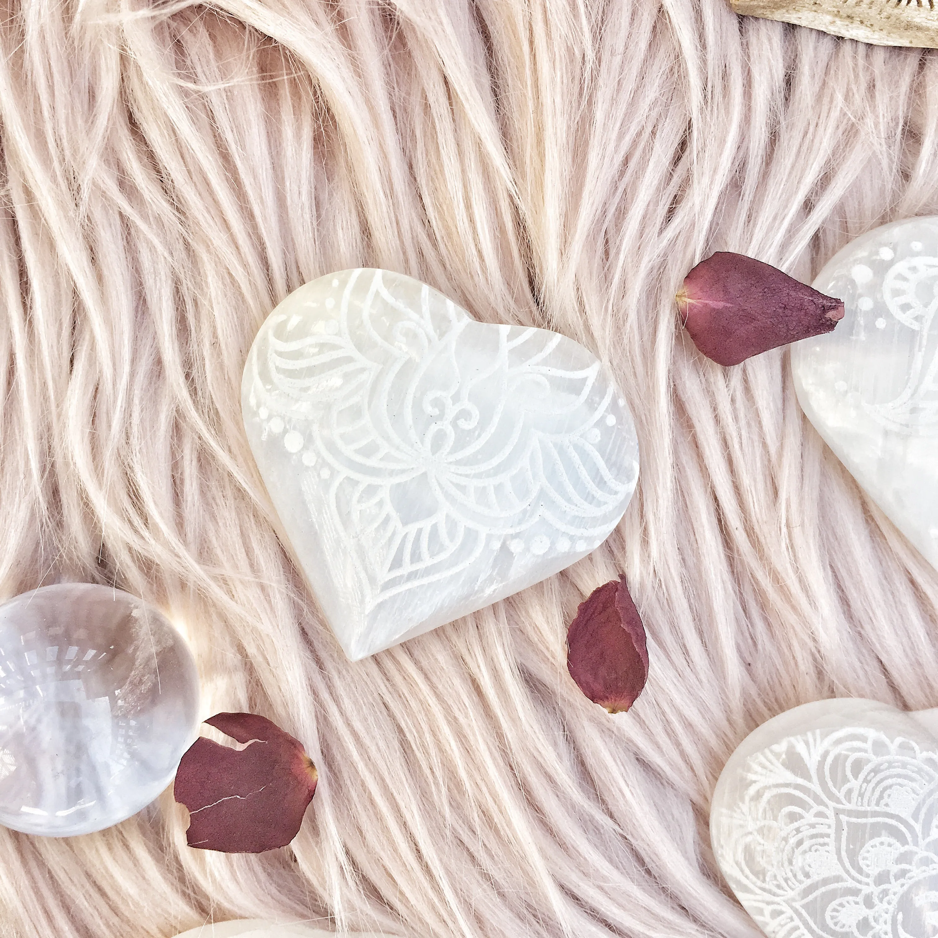 Etched Selenite Heart "Fierce Love"