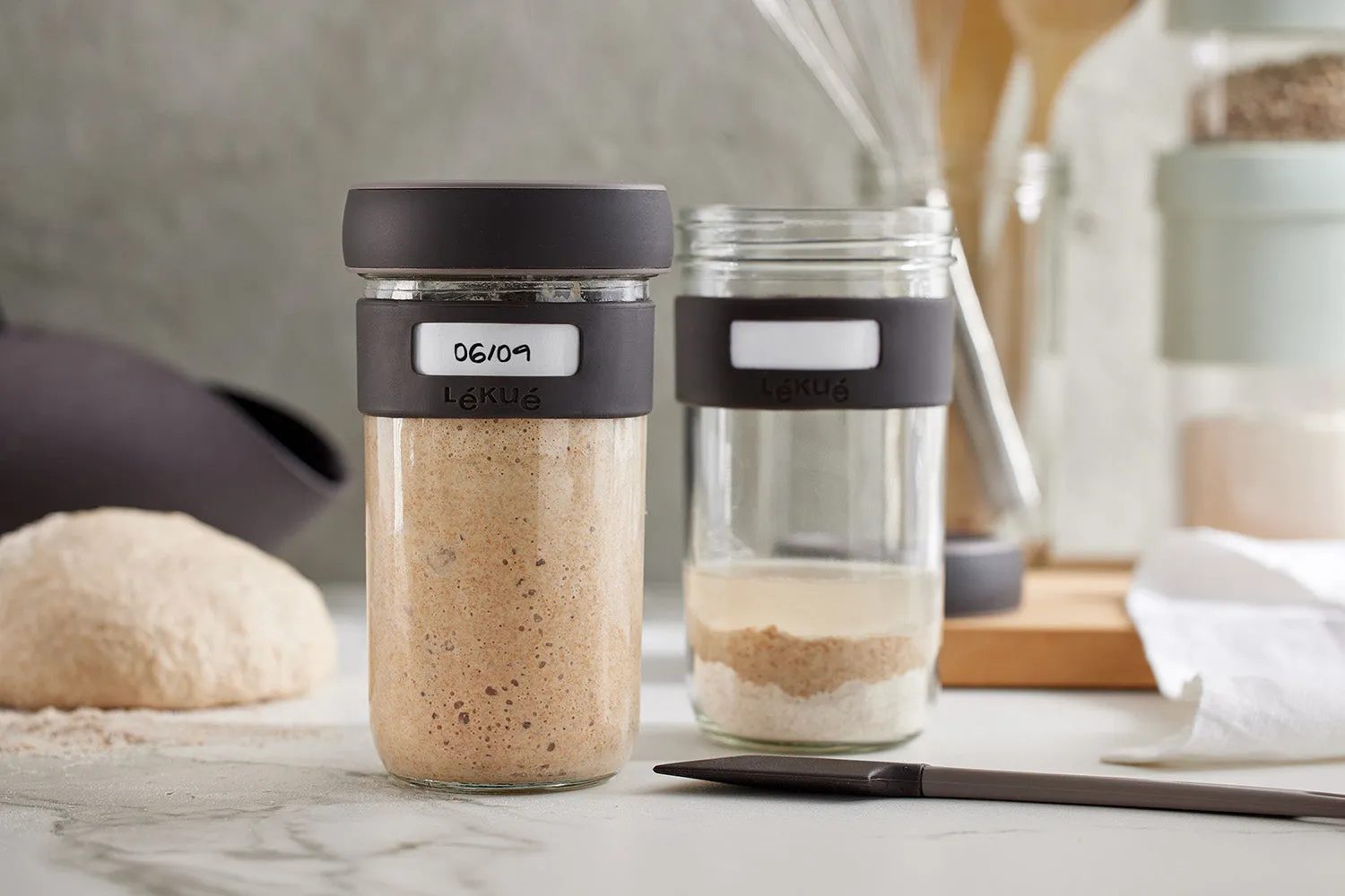 Lekue Sourdough Starter Set with 2 Jars and Silicone Spatula, Brown