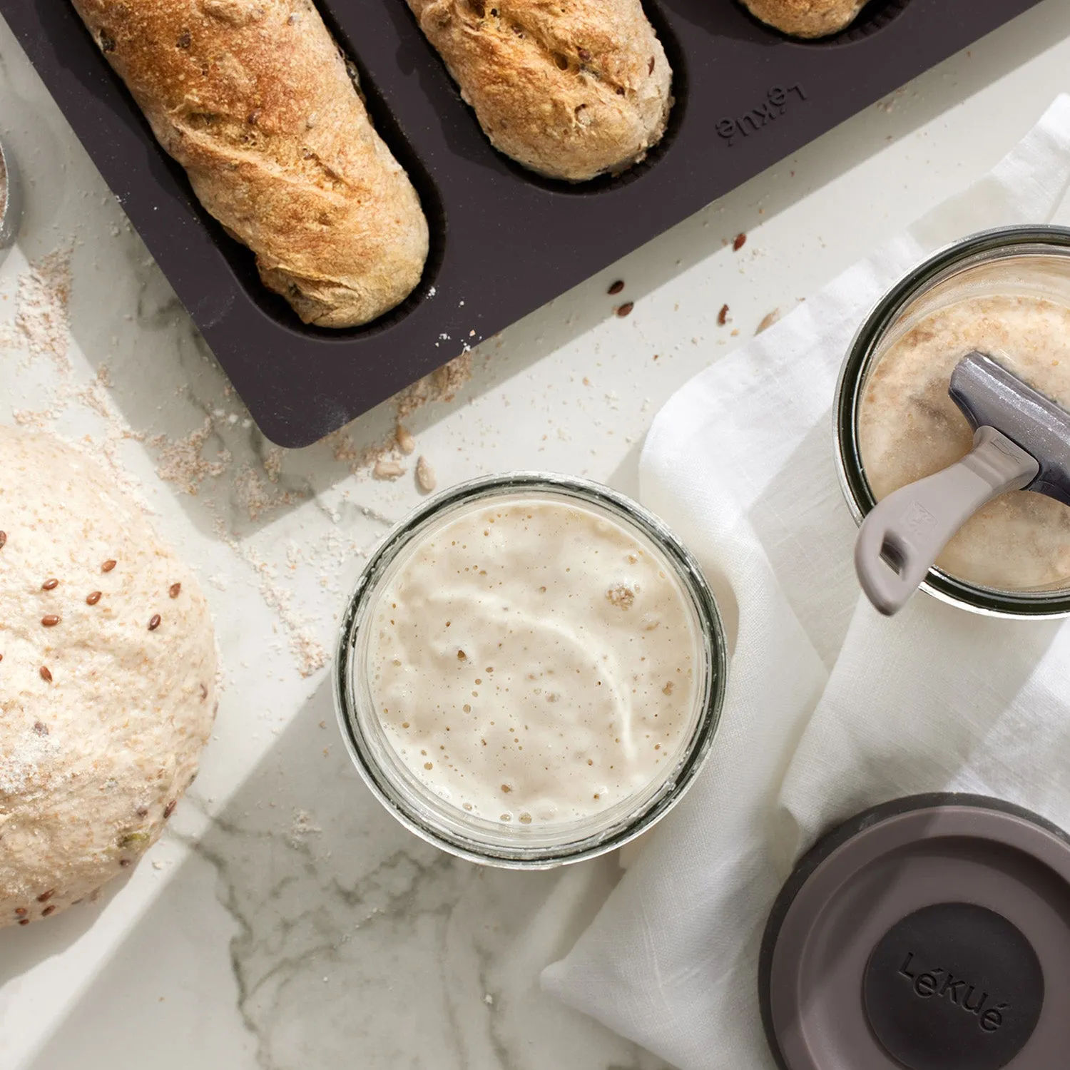 Lekue Sourdough Starter Set with 2 Jars and Silicone Spatula, Brown