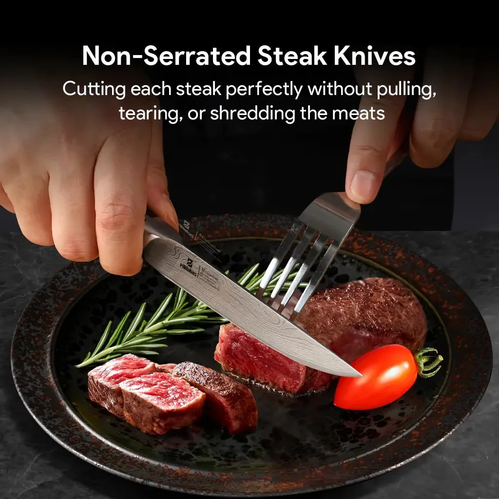 Steak Knives Set of 8 with Drawer Organizer, 4.5 Inch Non Serrated Dinner Knife, Forged German Steel Damascus Pattern Straight Edge Meat Knife with Full Tang Handle, Dishwasher Safe, Black