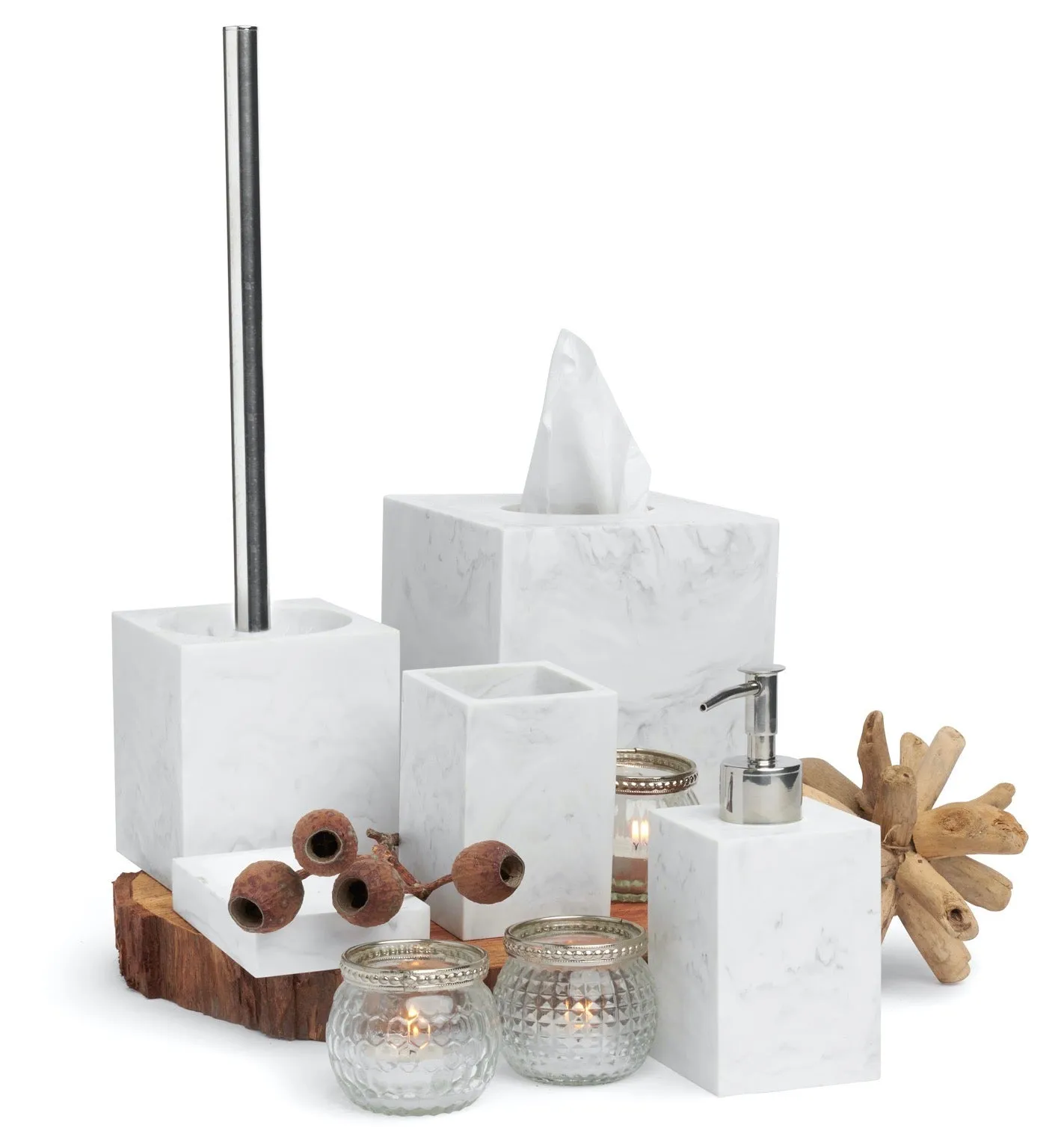 STUNNING 5 PIECE MARBLE PATTERN POLYRESIN BATHROOM ACCESSORY SET