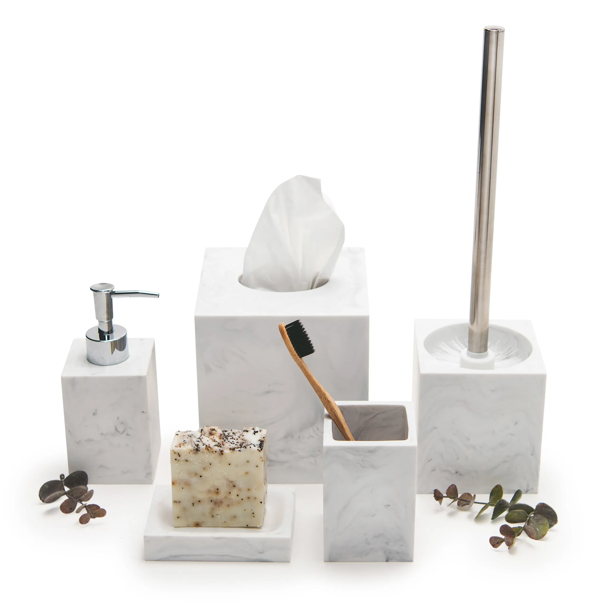 STUNNING 5 PIECE MARBLE PATTERN POLYRESIN BATHROOM ACCESSORY SET